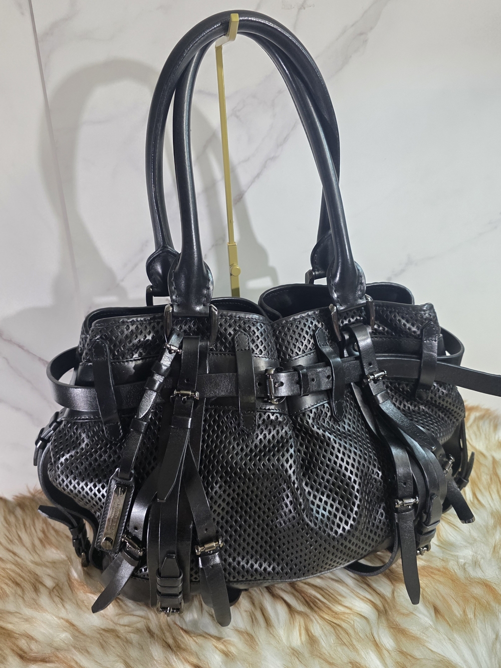 Burberry Rowan Black Perforated Leather Shoulder Bag with Strap Accents